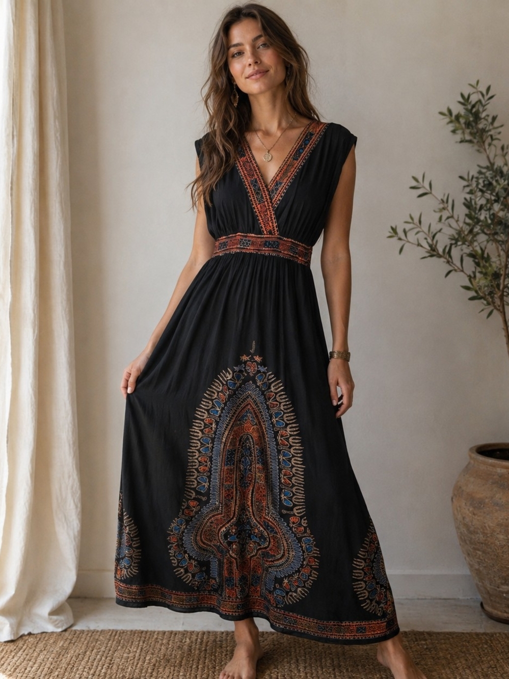 Lapogee Black Boho Maxi Dress Size M Ethnic Print Empire Waist Festival